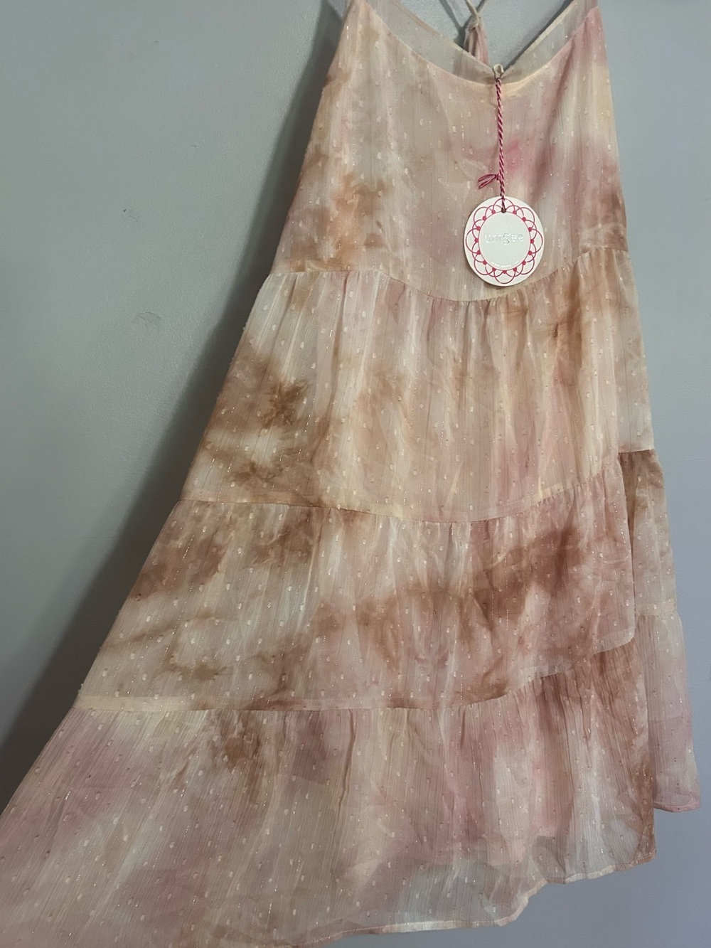 Umgee Pink Tie Dye Swiss Dot Tiered Boho Mini Dress NWT L Linen Cotton Blend - Picture 5 of 9